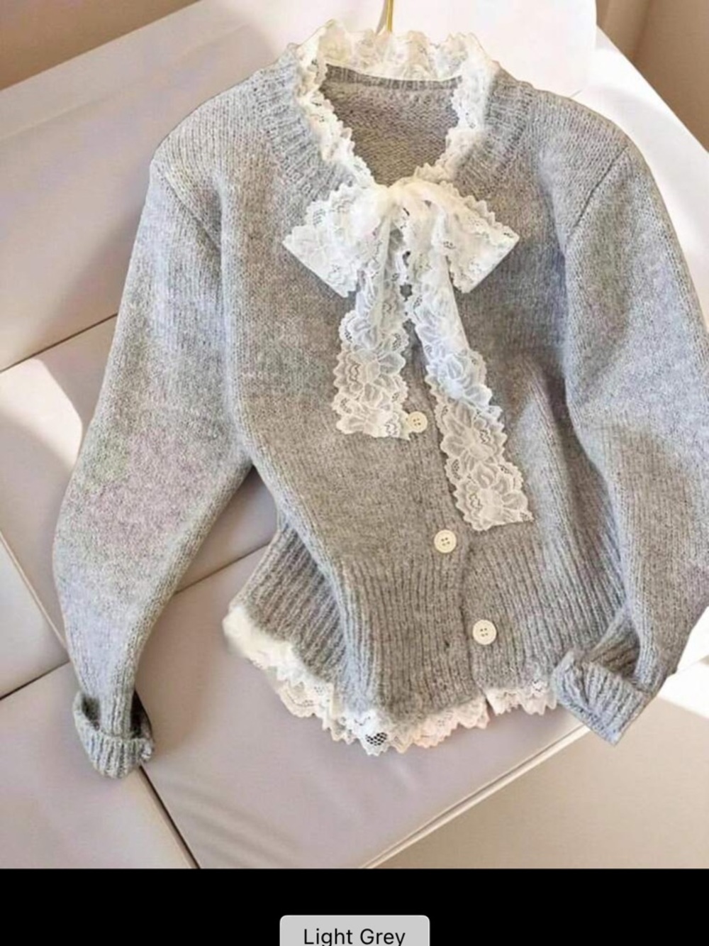 Light Grey Lace-Trim Knit Cardigan Sweater